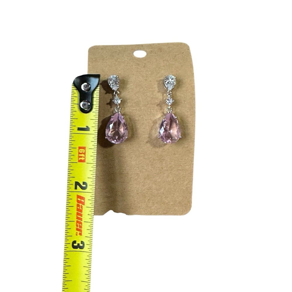 Pink Crystal Pear Drop Earrings Silver Tone Clear Stone Dangle Wedding Formal - Picture 2 of 2